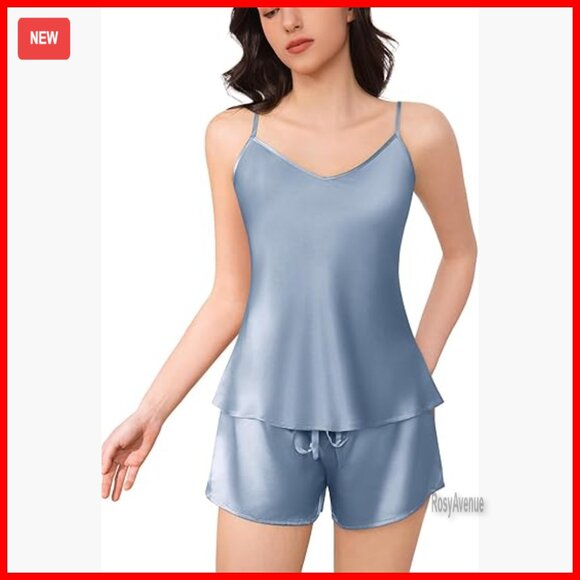 Silk Pajama Set V-Neck Cami Shorts Sleepwear Medium 2-Piece